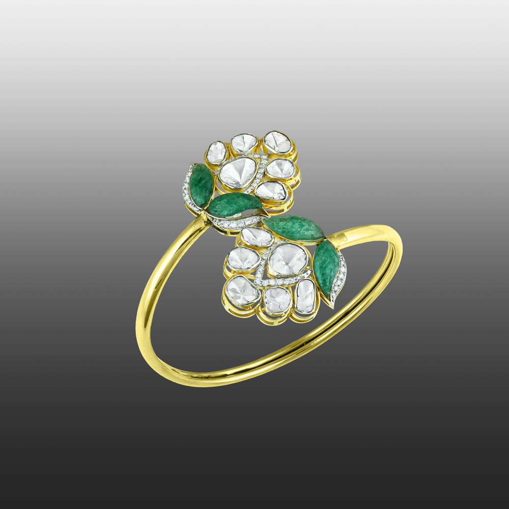 Floral Polki Bangle with Green Talaf Stone and Dual-Flower Design